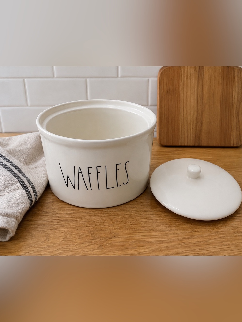 Rae Dunn Ceramic Waffles Storage Jar with Lid - White